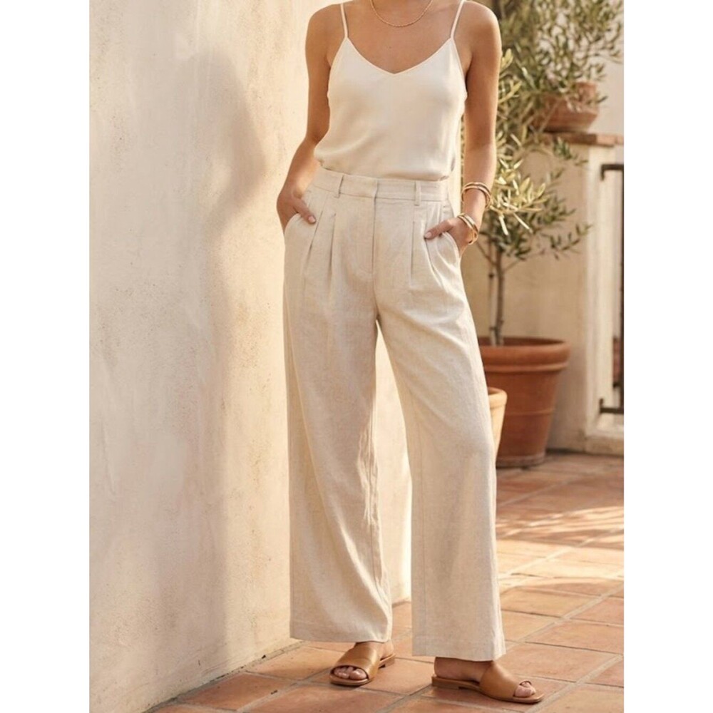 WAYF Clara High-Rise Pleated Wide Leg Linen Blend Pants Size Large NWT